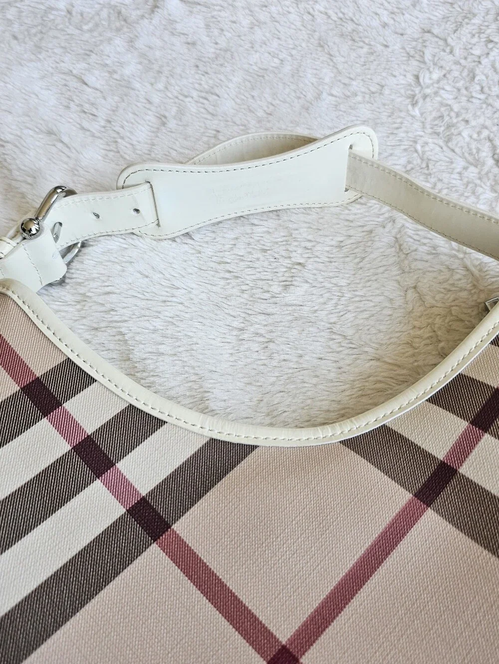 BURBERRY Vintage House Check White Leather Hobo Shoulder Bag with Dust Bag